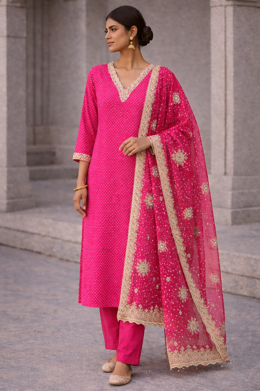 Blush Pink Bandhani Straight Kurta Set with Embellished Dupatta