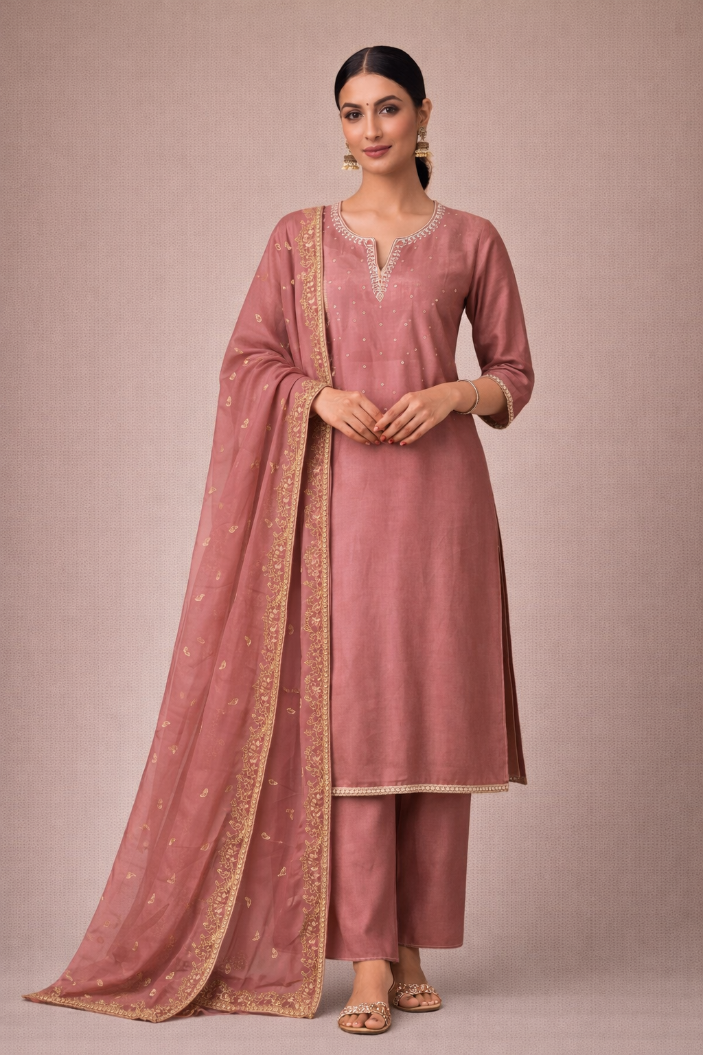 Dusky Rose Straight Kurta Set with Dupatta