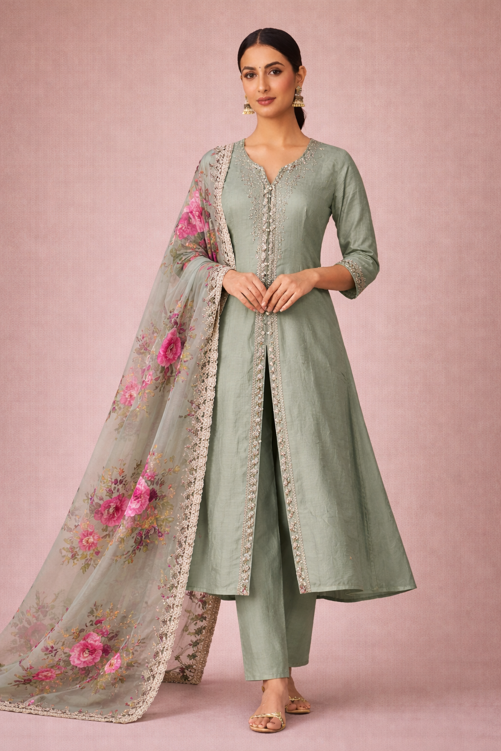 Woman wearing a light green traditional outfit with a floral dupatta on a pink background