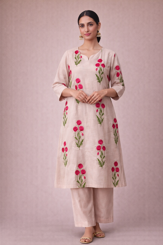 Woman wearing a beige kurta with floral embroidery on a light pink background