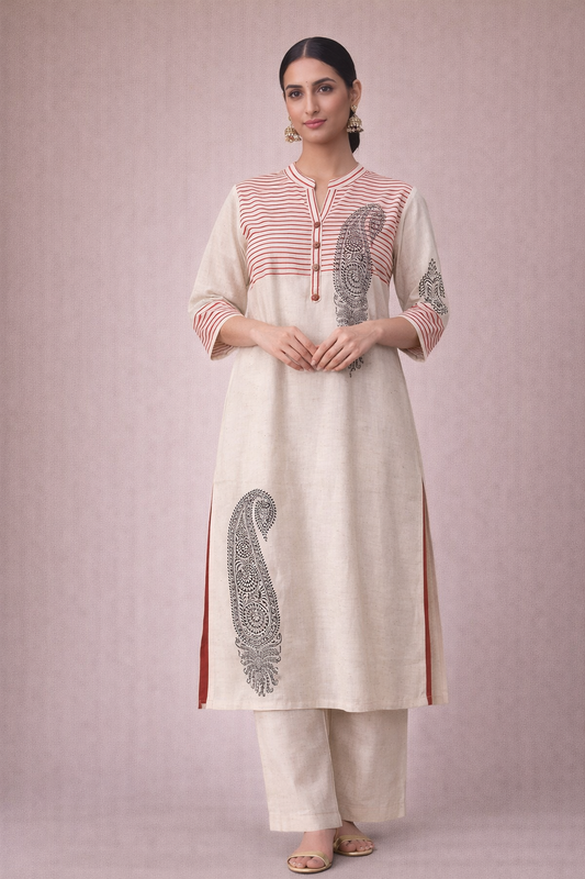 Woman wearing a cream kurta with red and black embroidery on a pink background