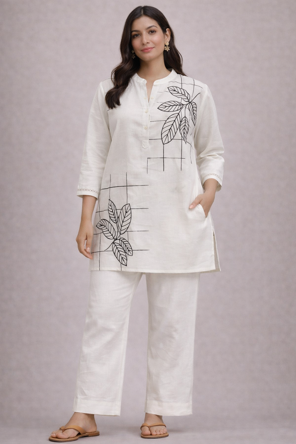 Woman wearing a white outfit with leaf patterns on a plain background