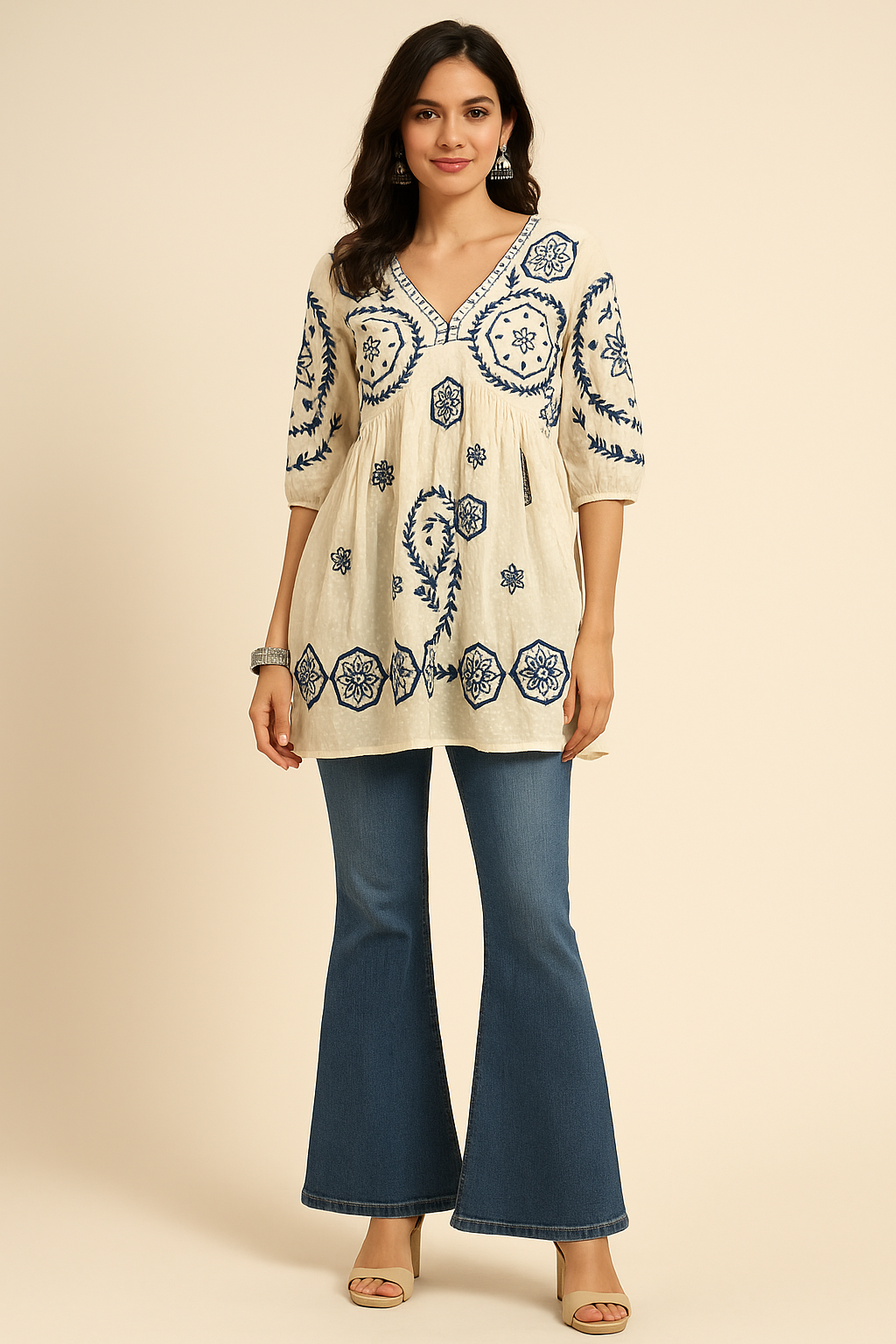 Ivory Indigo Boho Embroidered Short Kurta