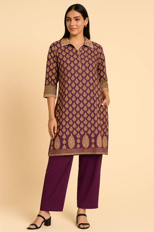 Regal Purple Vintage Print Kurta Set