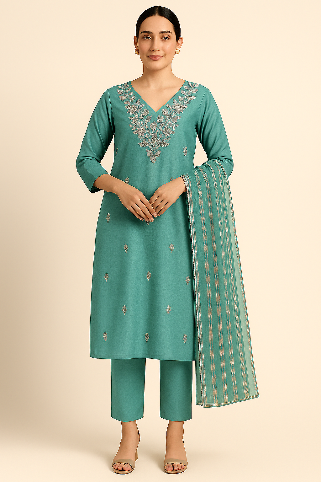 Teal Bloom Embroidered Silk-Blend Suit Set