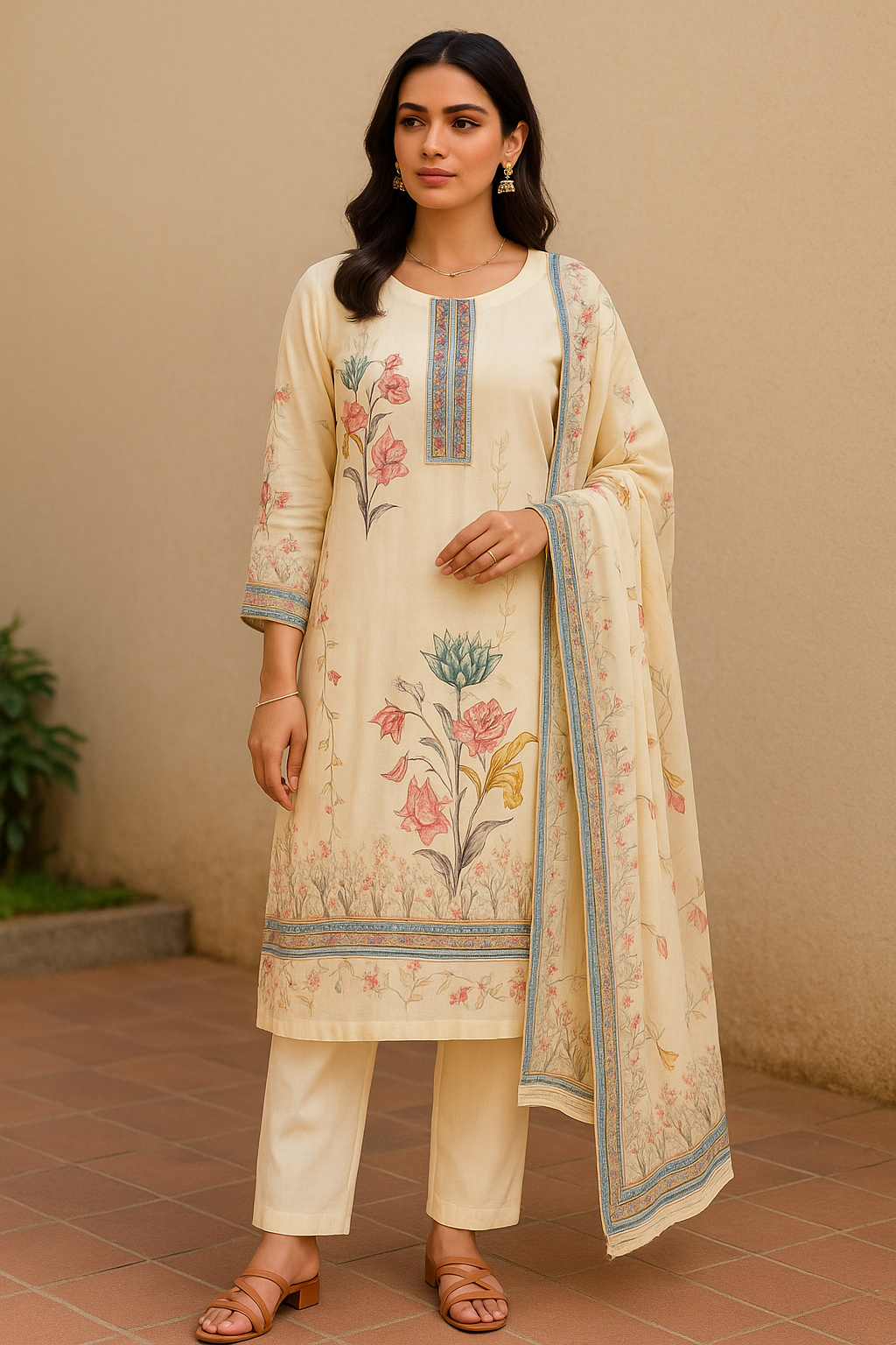 Floral Ivory Silk Kurta Set for Women