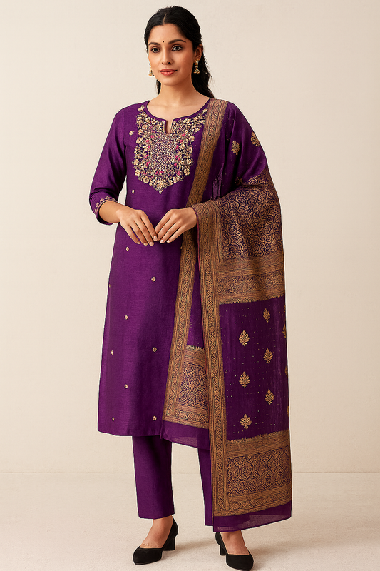 Royal Plum Embroidered Kurta Set for Women