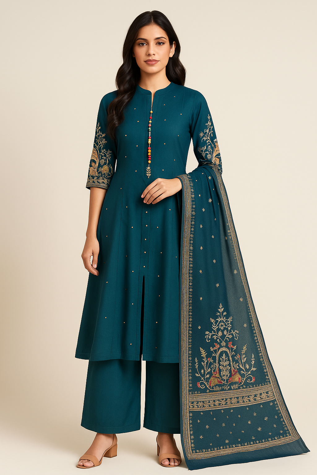 Midnight Teal Regal Embroidered Anarkali Suit Set