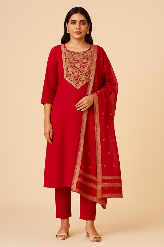 Fuchsia Pink Embroidered Kurta Set with Pants & Dupatta