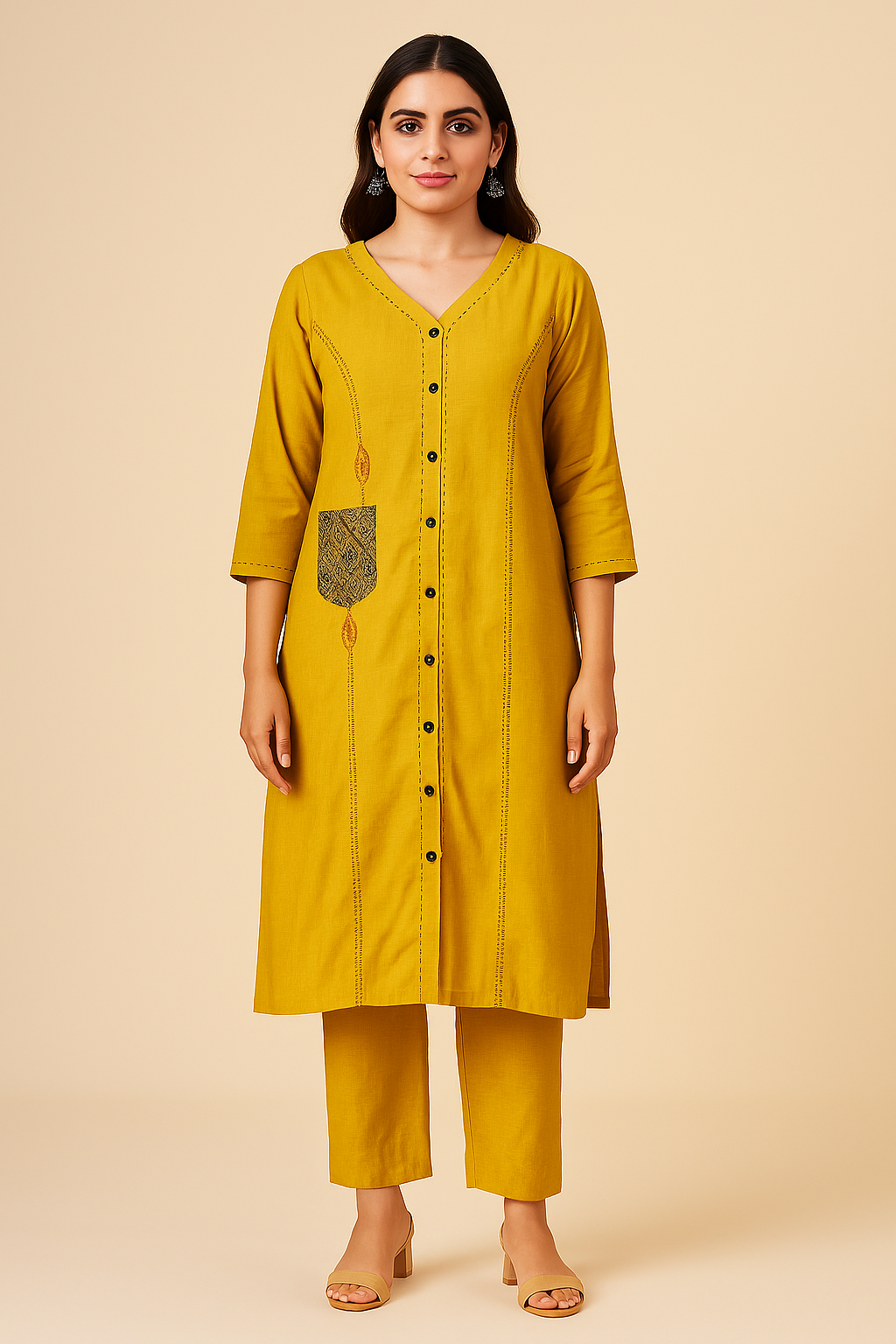 Mustard Handcrafted Thread-Detail Kurta Set