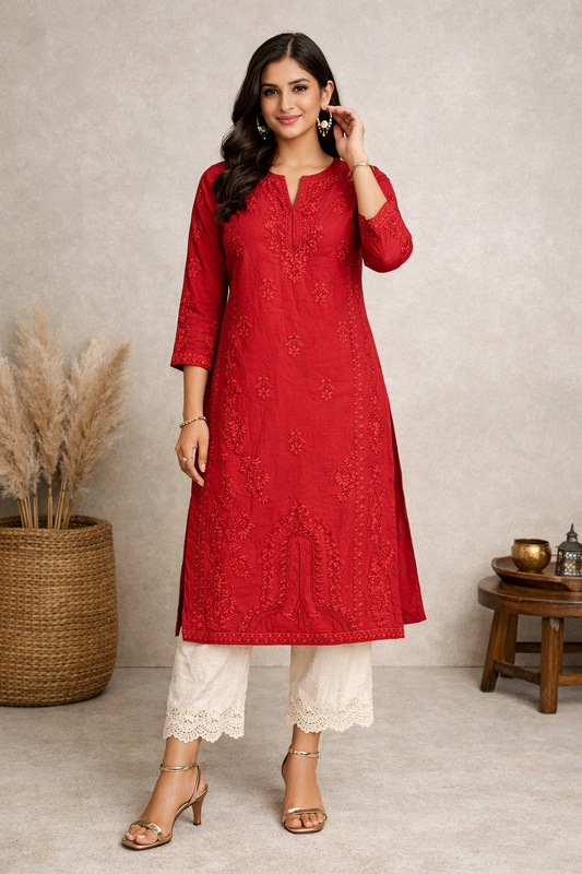 Crimson Chikankari Straight Kurta