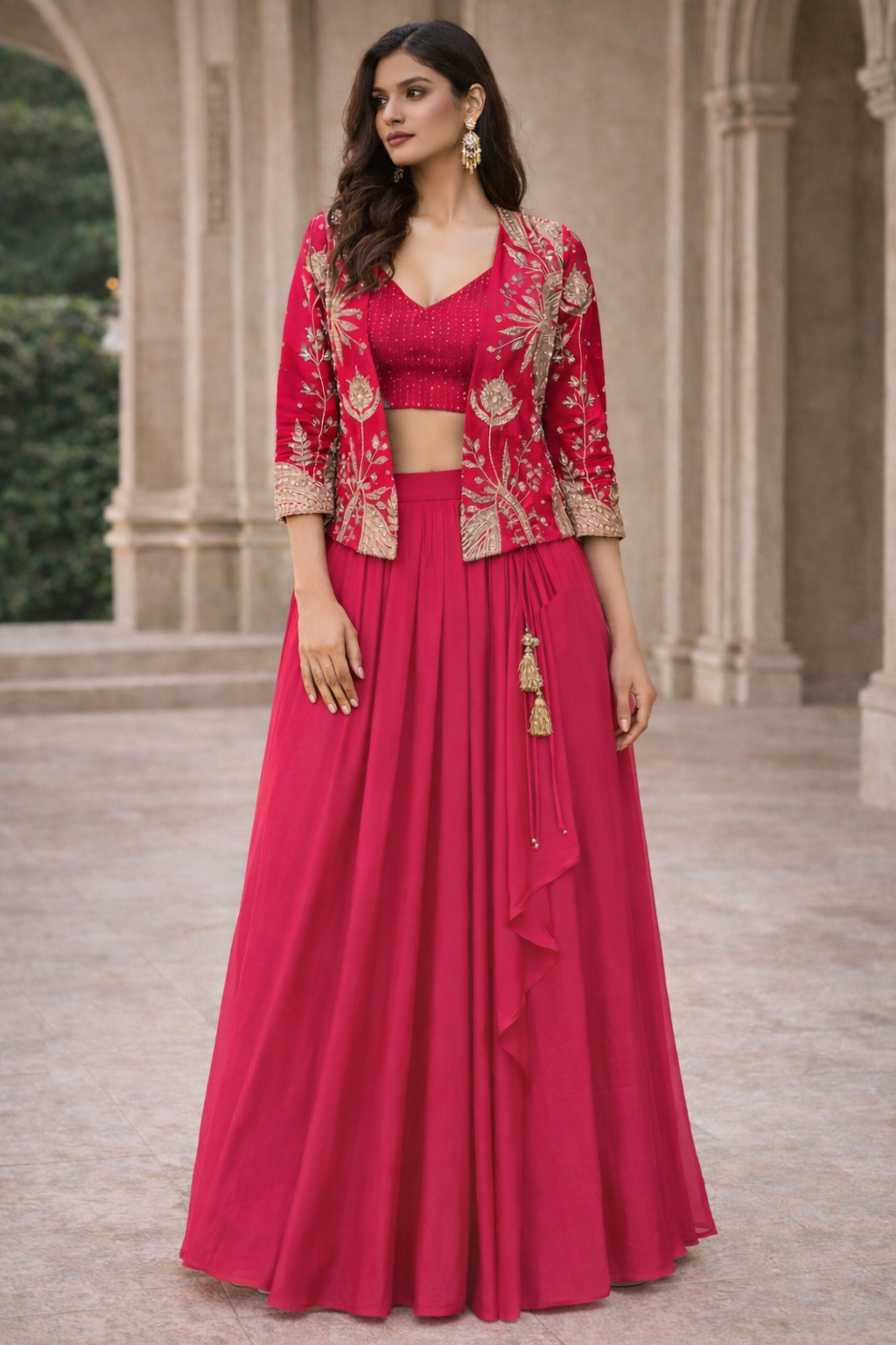 Fuchsia Bloom Indo-Western Jacket Set (3-Piece)