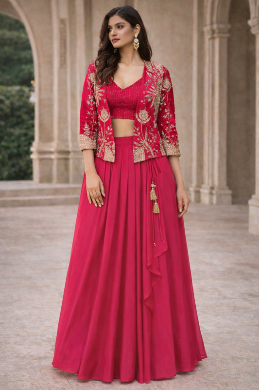 Fuchsia Bloom Indo-Western Jacket Set (3-Piece)