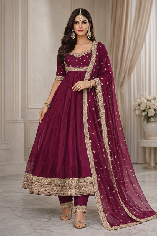 Maroon Wine Embellished Anarkali Suit Set (3-Piece)