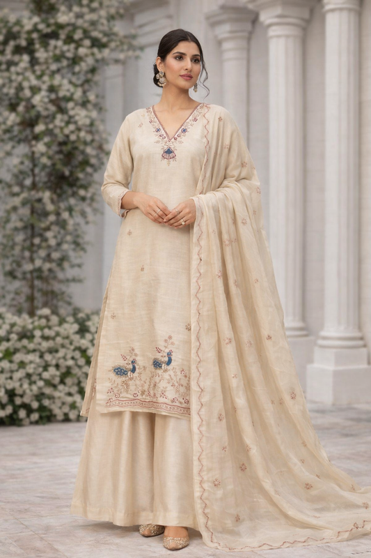 Ivory Peacock Embroidered Silk Blend Suit Set