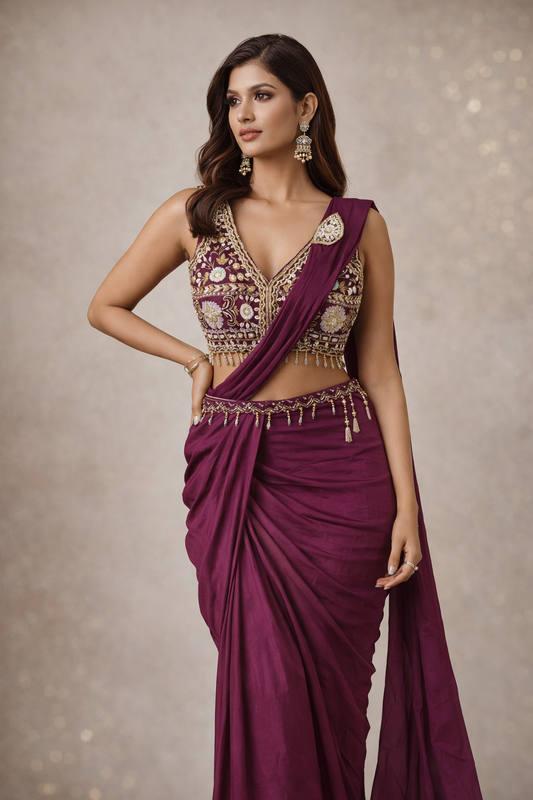 Royal Plum Draped Saree Set