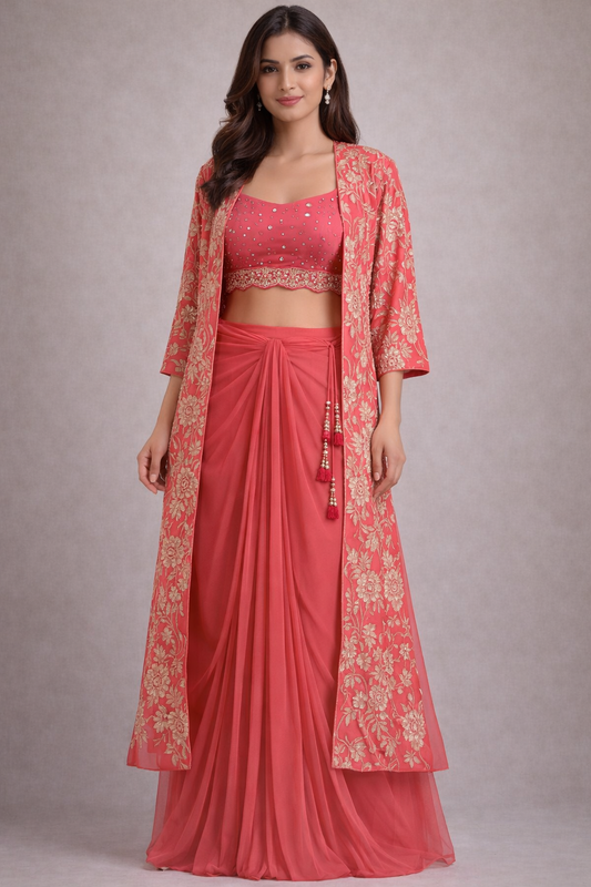 Coral Pink Mirror-Work Draped Skirt Set