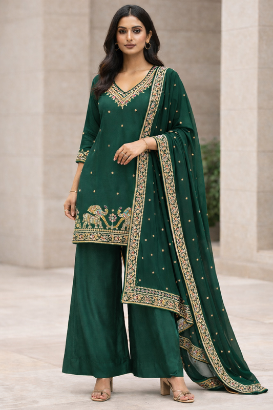 Emerald Green Kurta Palazzo Set (3-Piece)