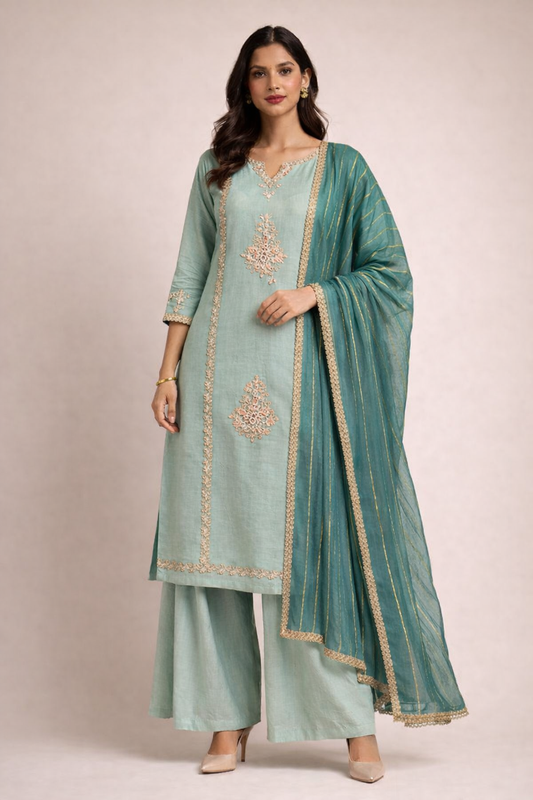 Sage Green Embroidered Kurta Set With Striped Dupatta