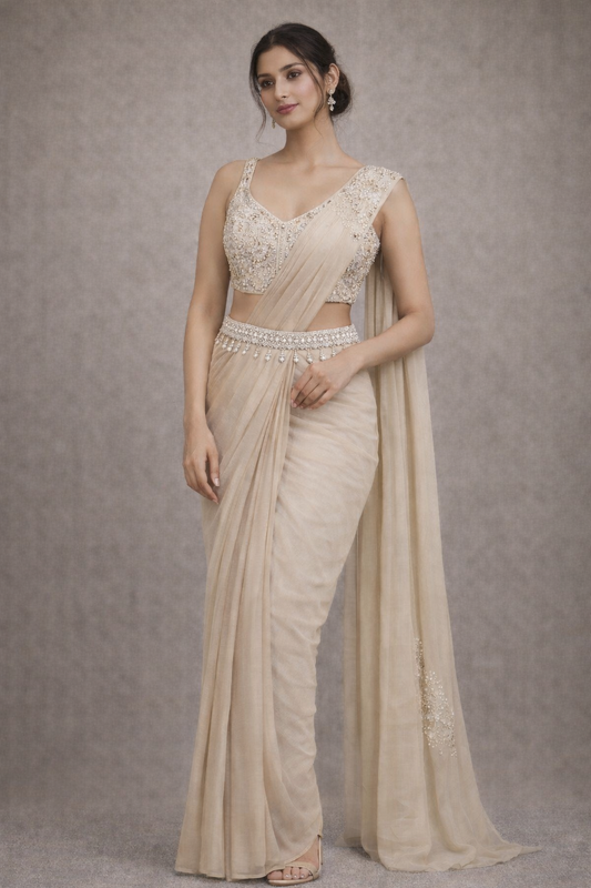 Cream White Pre-Draped Indo-Western Saree