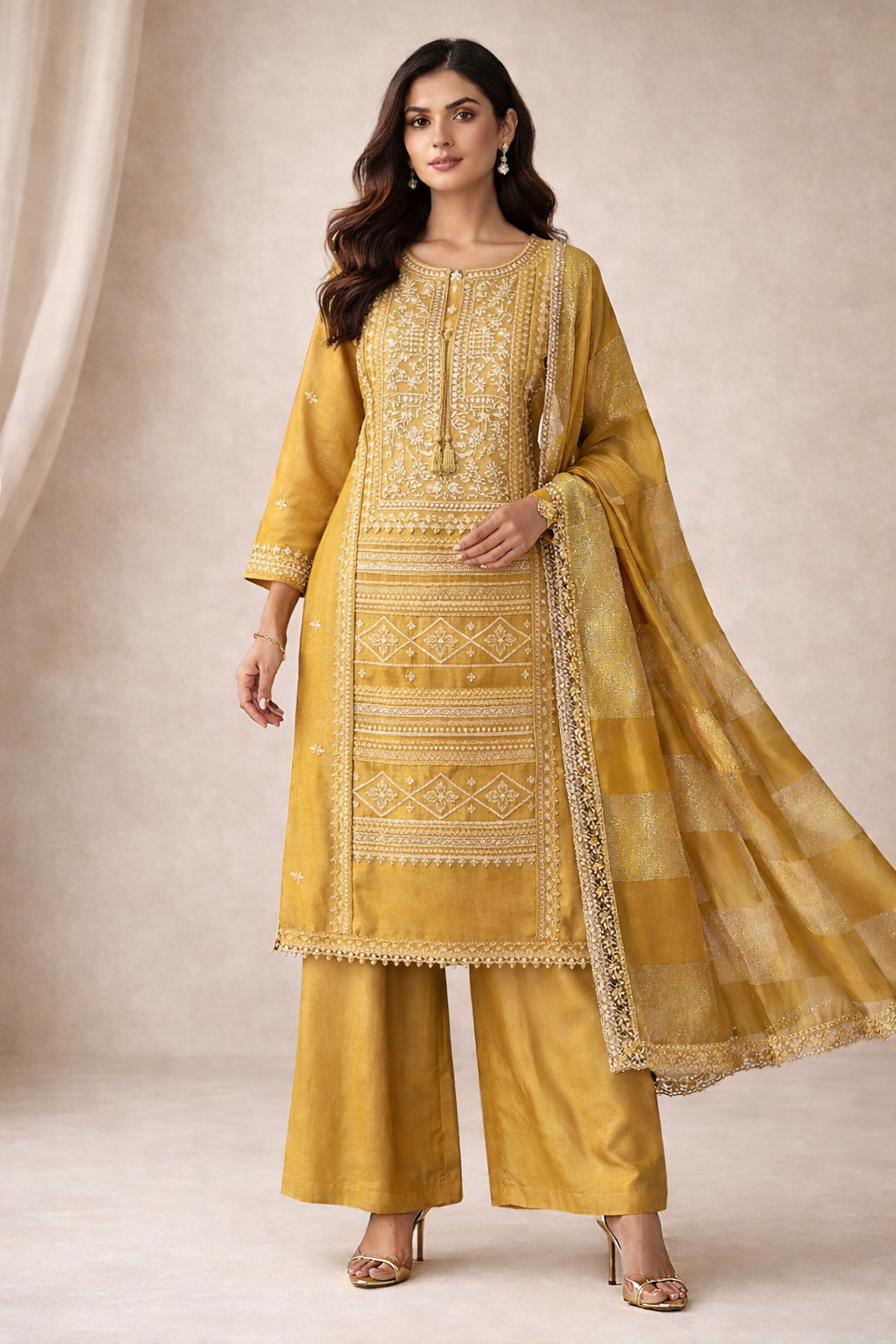 Mustard Gold Zari-Embroidered Kurta Palazzo Set with Dupatta