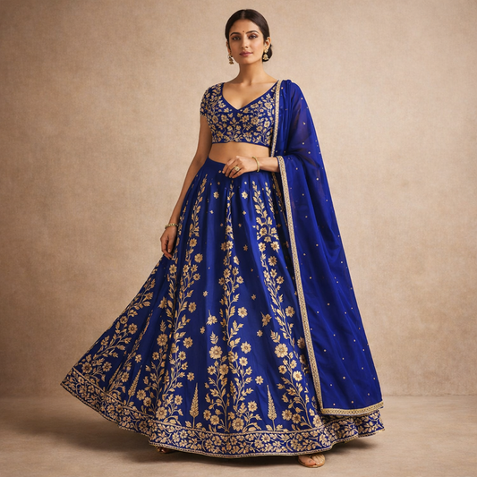 Royal blue floral embroidered 3-piece lehenga set
