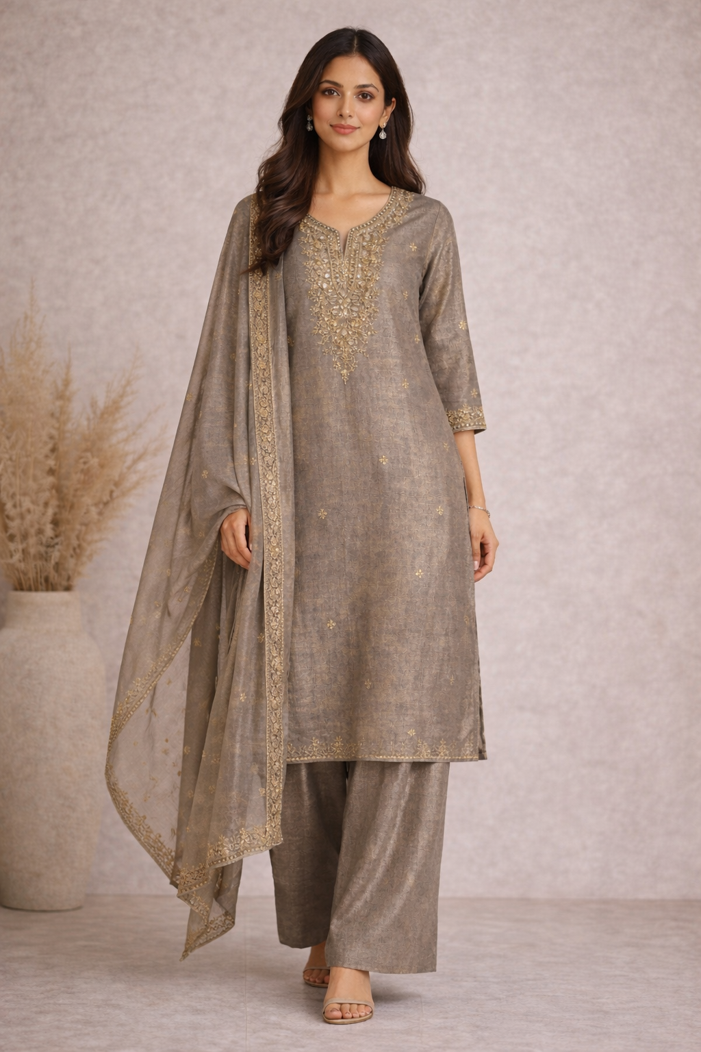 Smoke Gold Embroidered Kurta Palazzo Set with Dupatta
