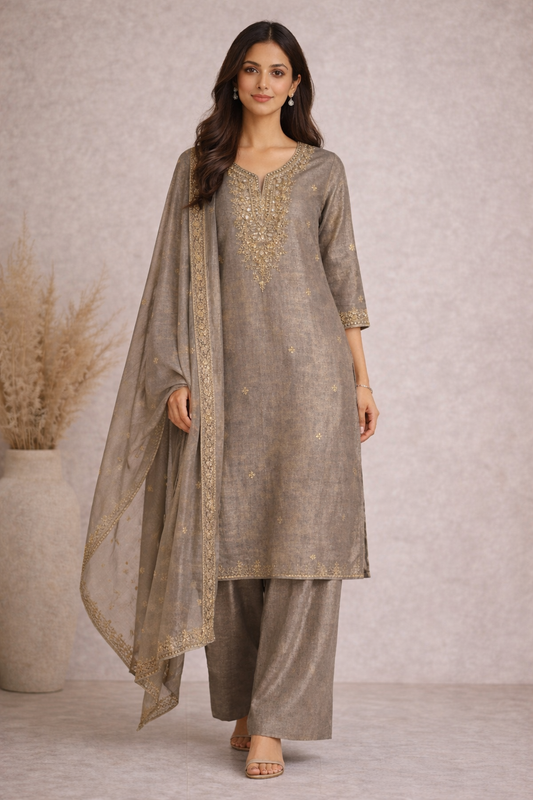 Smoke Gold Embroidered Kurta Palazzo Set with Dupatta