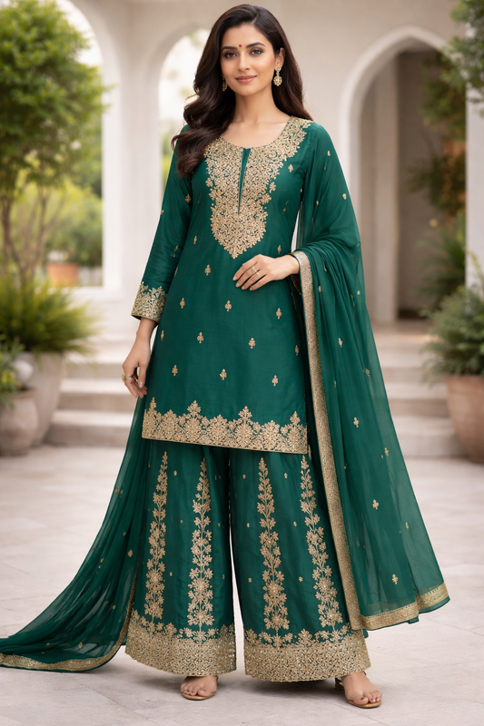 Emerald Royale Heavy Embroidered Kurta Sharara Set