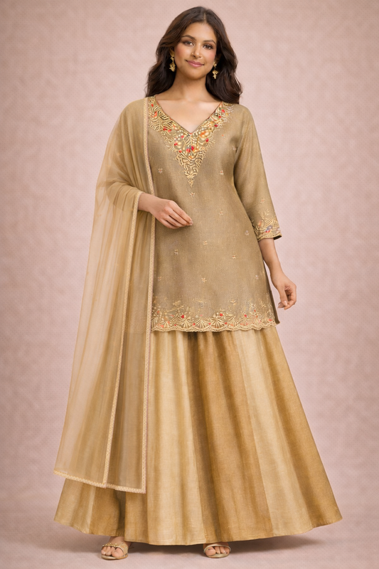 Ivory Beige Embroidered Kurta Set – 3 Piece (Kurta, Flared Skirt & Dupatta)