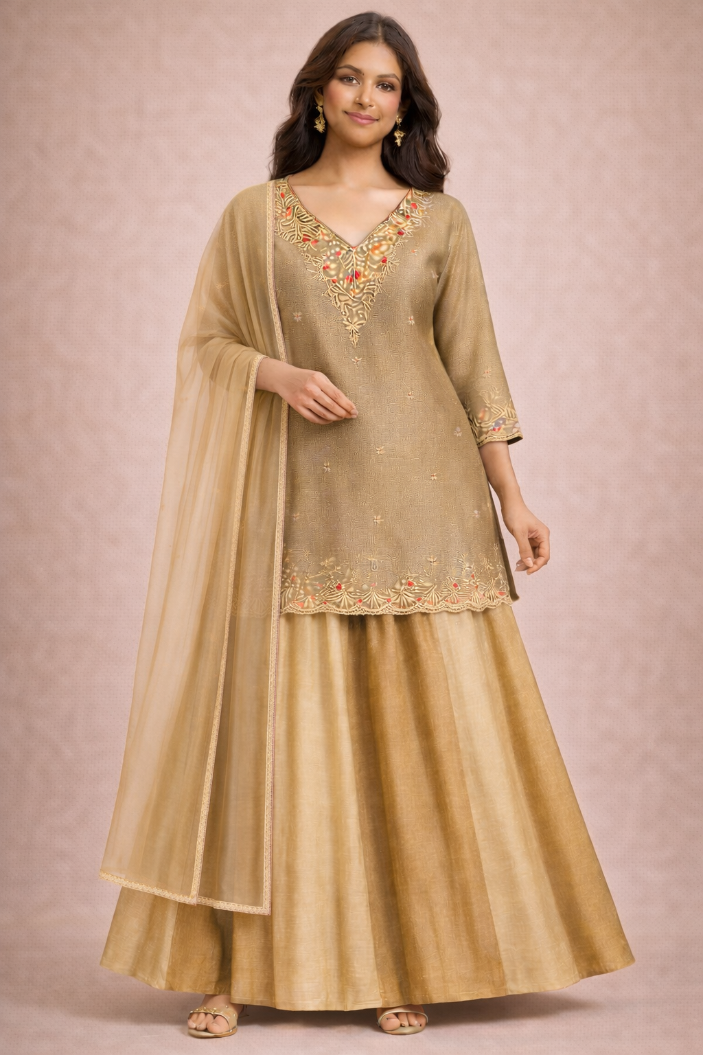Ivory Beige Embroidered Kurta Set – 3 Piece (Kurta, Flared Skirt & Dupatta)