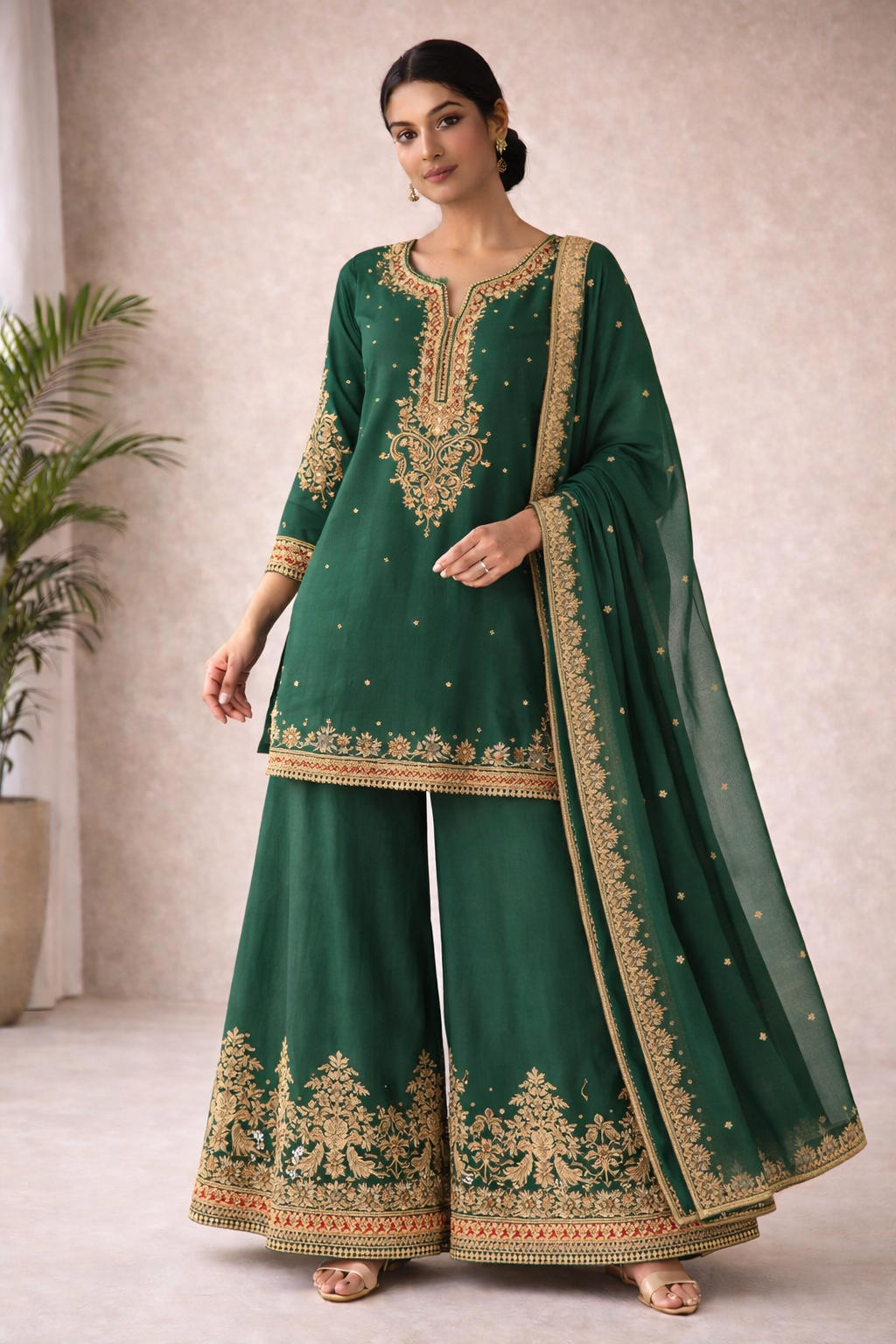Emerald Green Embroidered Short Kurta Set – 3 Piece (Kurta, Sharara & Dupatta)