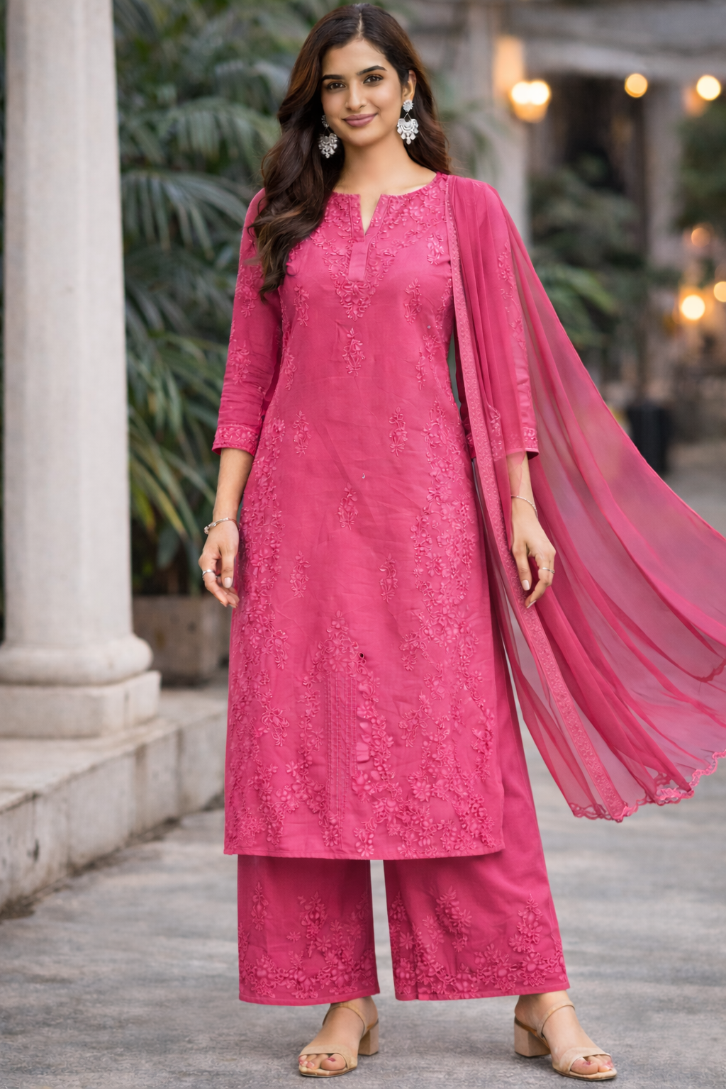 Rose Pink Chikankari Kurta Set – 3 Piece Straight Fit Suit