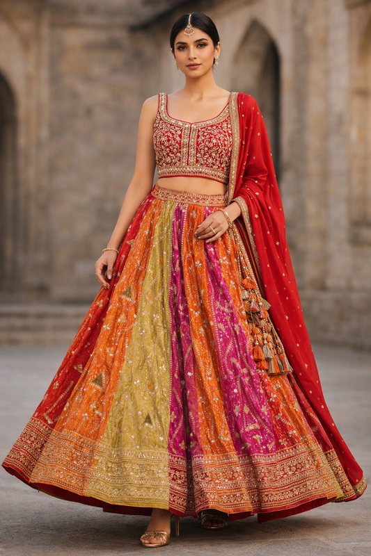 Scarlet red choli with multicolour lehenga and dupatta