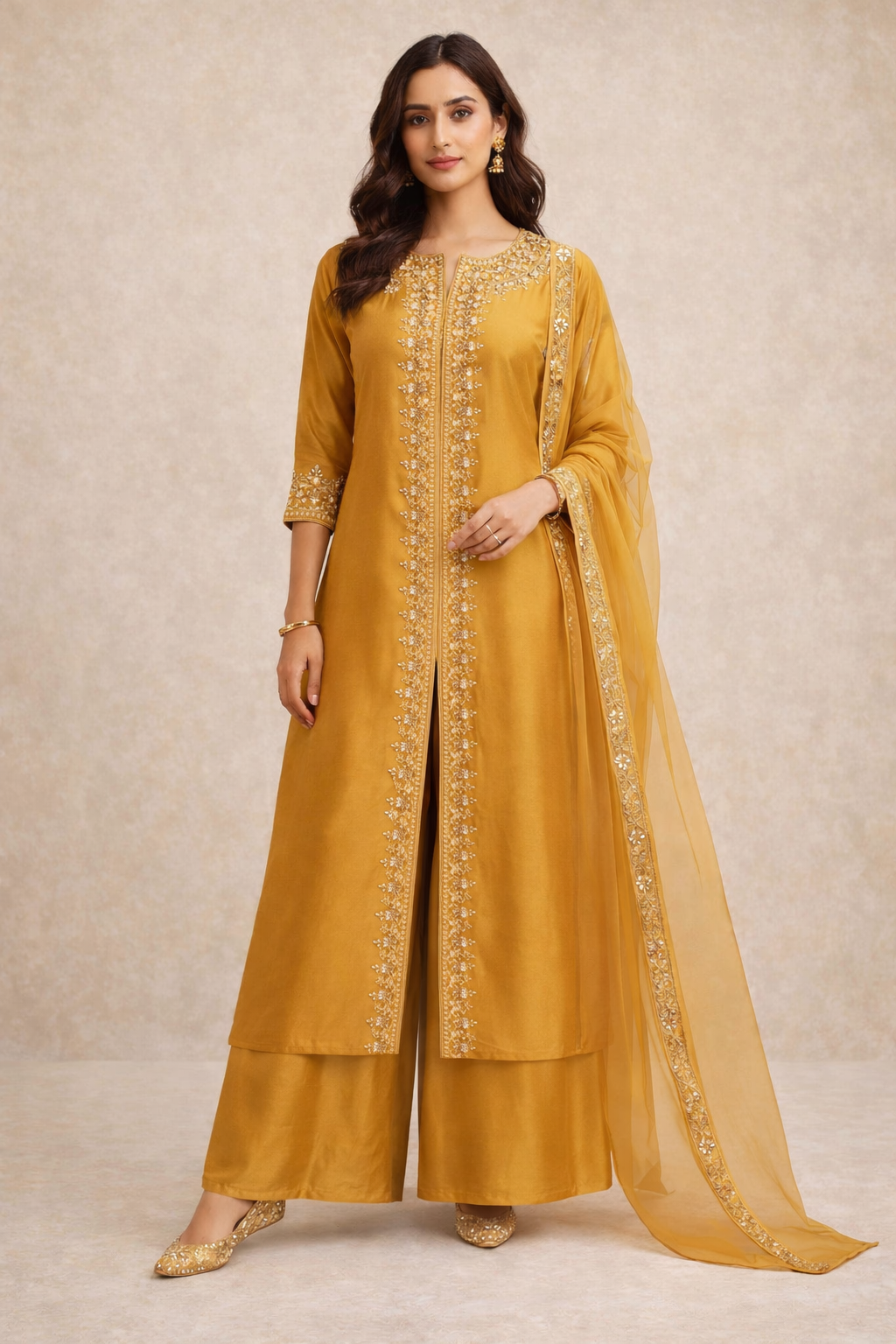 Mustard Gold Embroidered Centre-Slit Kurta Set (3-Piece)