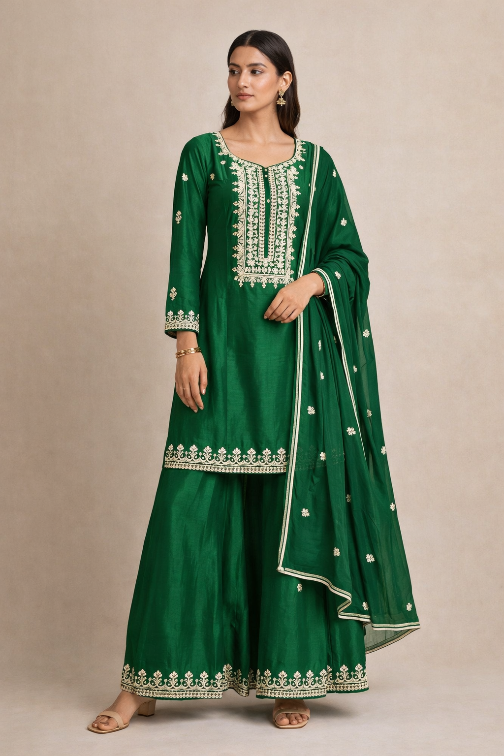 Dark Green Embroidered Short Kurta Set with Flowy Palazzo & Dupatta (3-Piece)