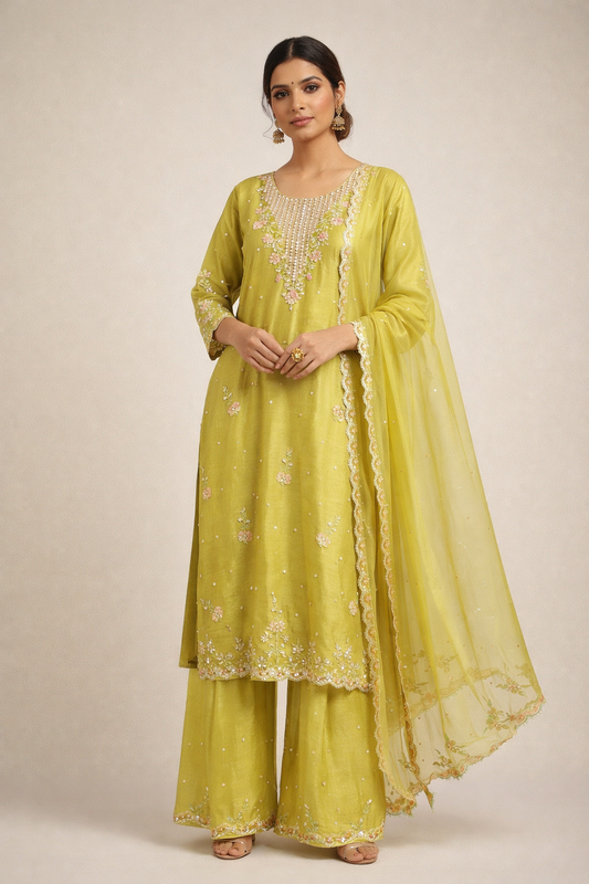 Sage Green Embroidered Kurta Set with Wide Leg Pants & Dupatta