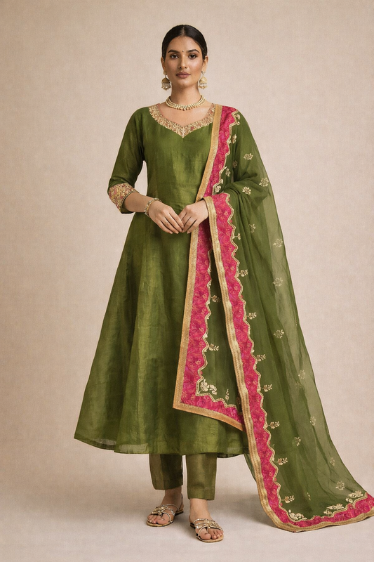 Olive Green Anarkali Suit Set (3-Piece)