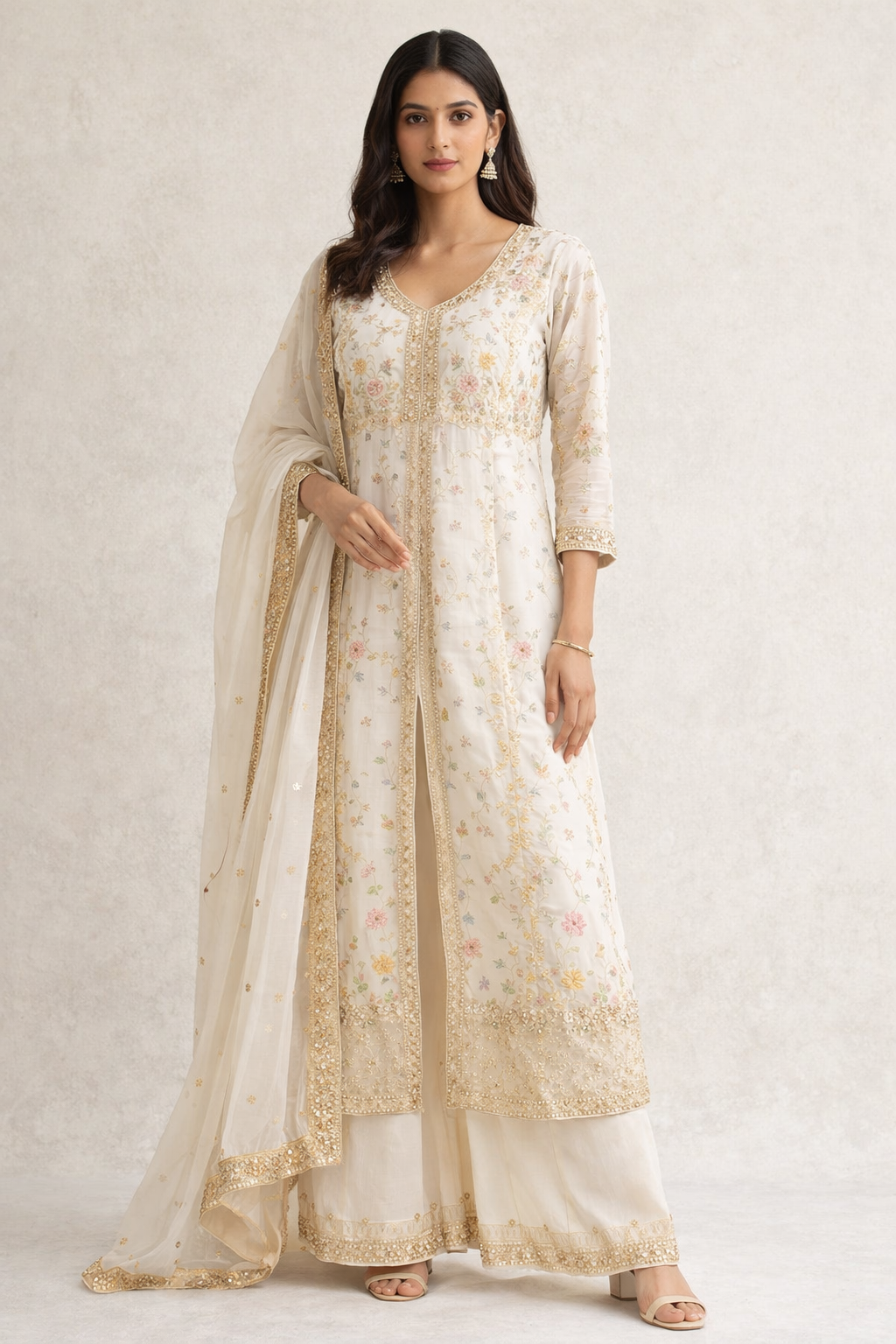 Ivory Floral Embroidered Kurta Set with Dupatta