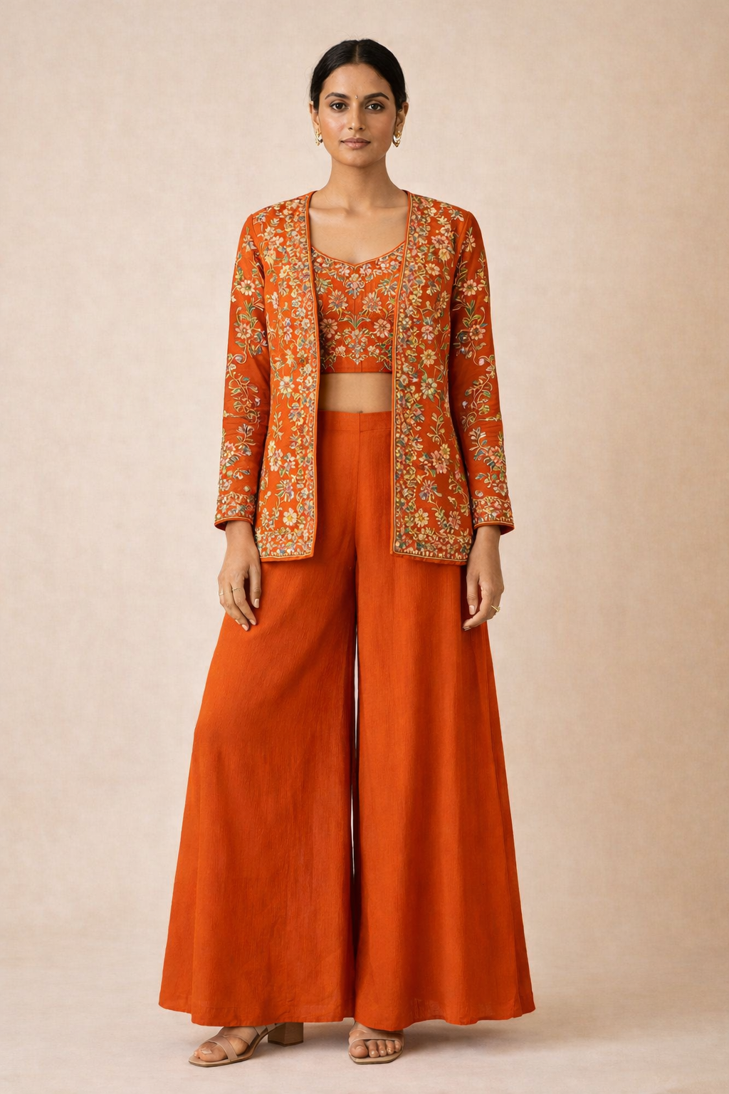 Rust Orange Embroidered Jacket Co-ord Set (3-Piece)