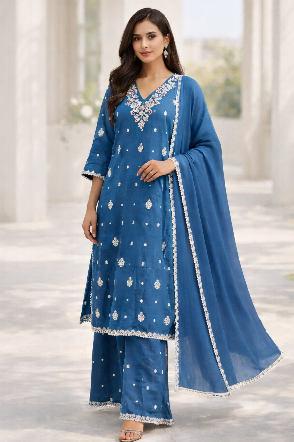 Peacock Blue Embroidered Kurta Set with Palazzo & Dupatta (3-Piece)