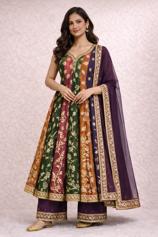 Woman wearing a multicolour floral Anarkali set with purple palazzo pants and dupatta