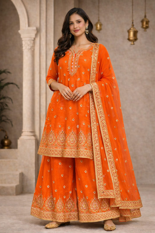 Marigold Orange Embroidered Kurta Set with Sharara Pants & Dupatta (3-Piece)