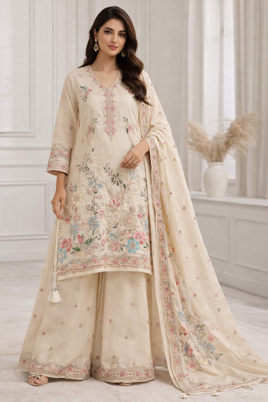 Woman wearing a beige embroidered traditional outfit with a matching dupatta in a well-lit room.