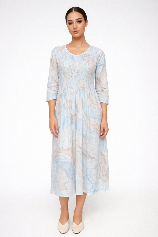 Ivory Blue Marbled Midi Dress