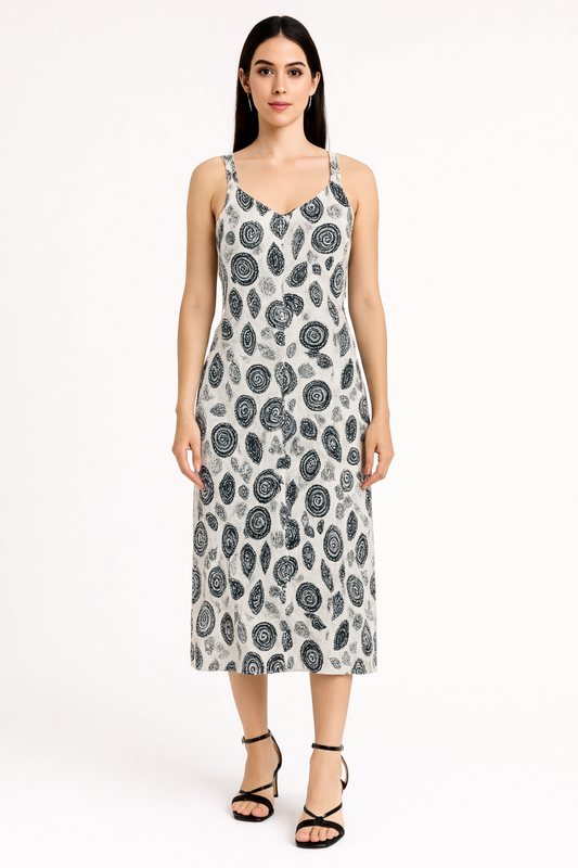Monochrome Spiral Print Midi Dress