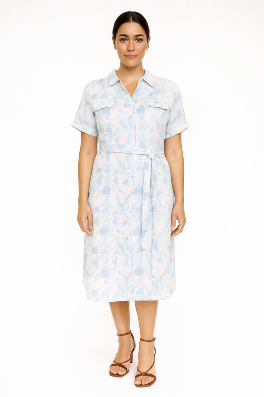 Pastel Geometric Print Shirt Midi Dress