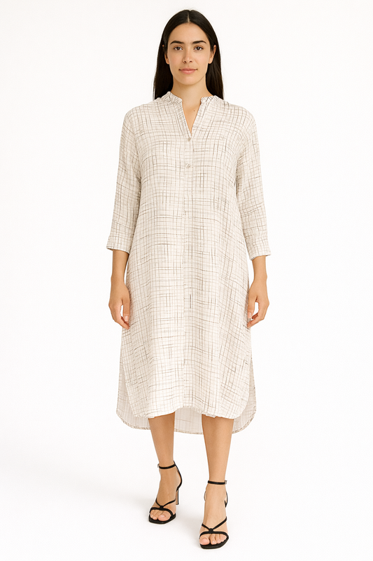 Ivory Grid Print Relaxed Midi Dress