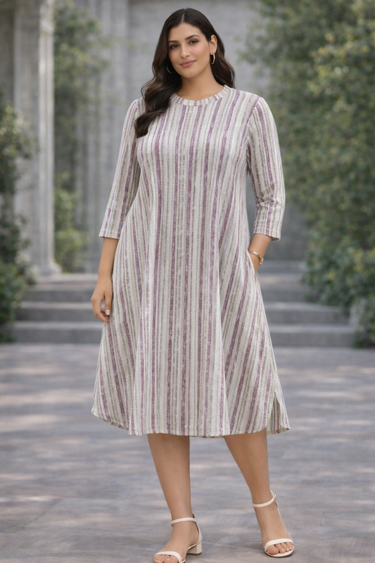Mauve Stripe A-Line Midi Dress