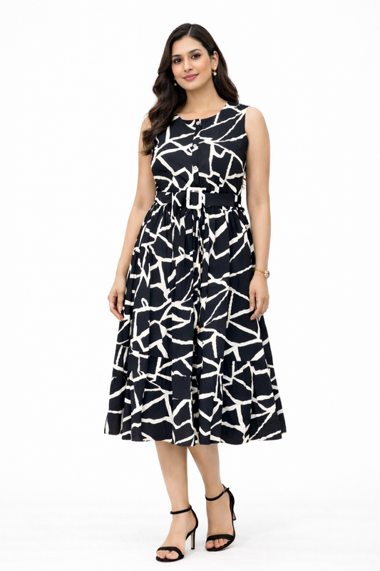 Midnight Abstract Belted Midi Dress
